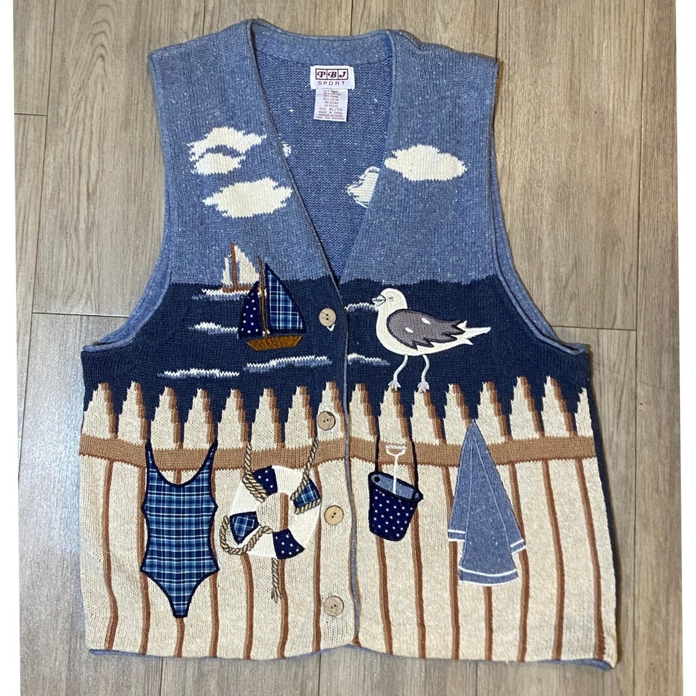 PBJ Sport Vintage Nautical Knit Sweater Vest Women's XL Blue Coastal Beach